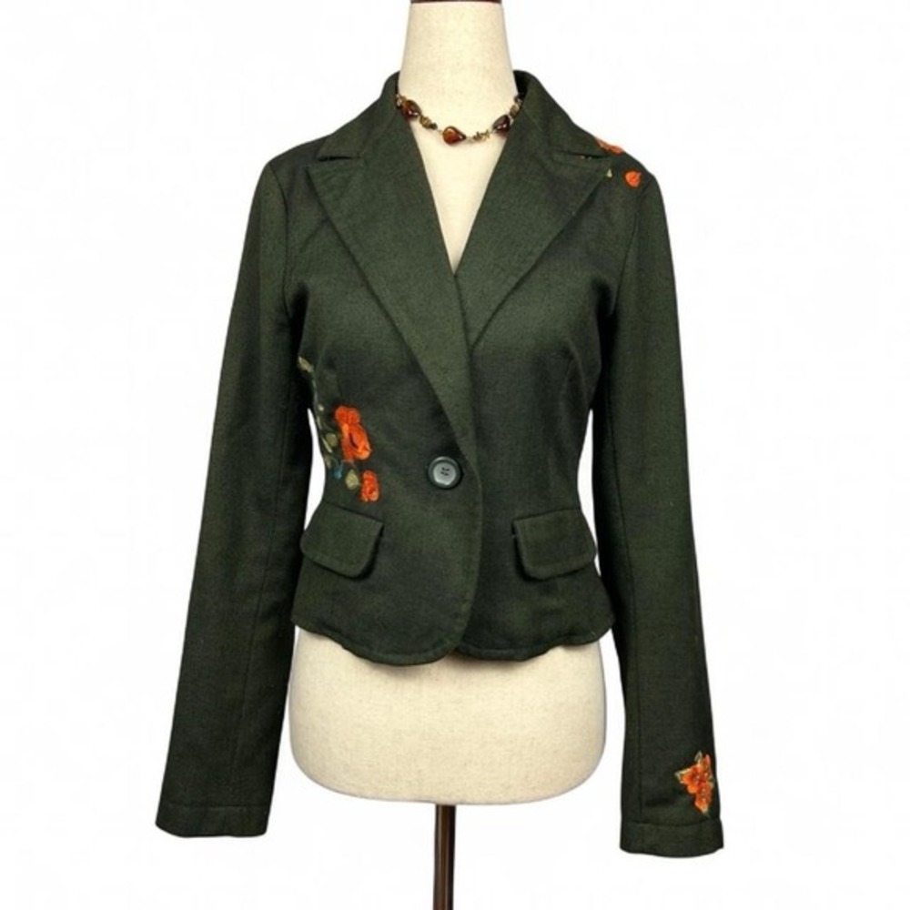 Vintage Y2K‎ Floral Embroidered Wool Blend Blazer Jacket Womens 4 Cropped Boho